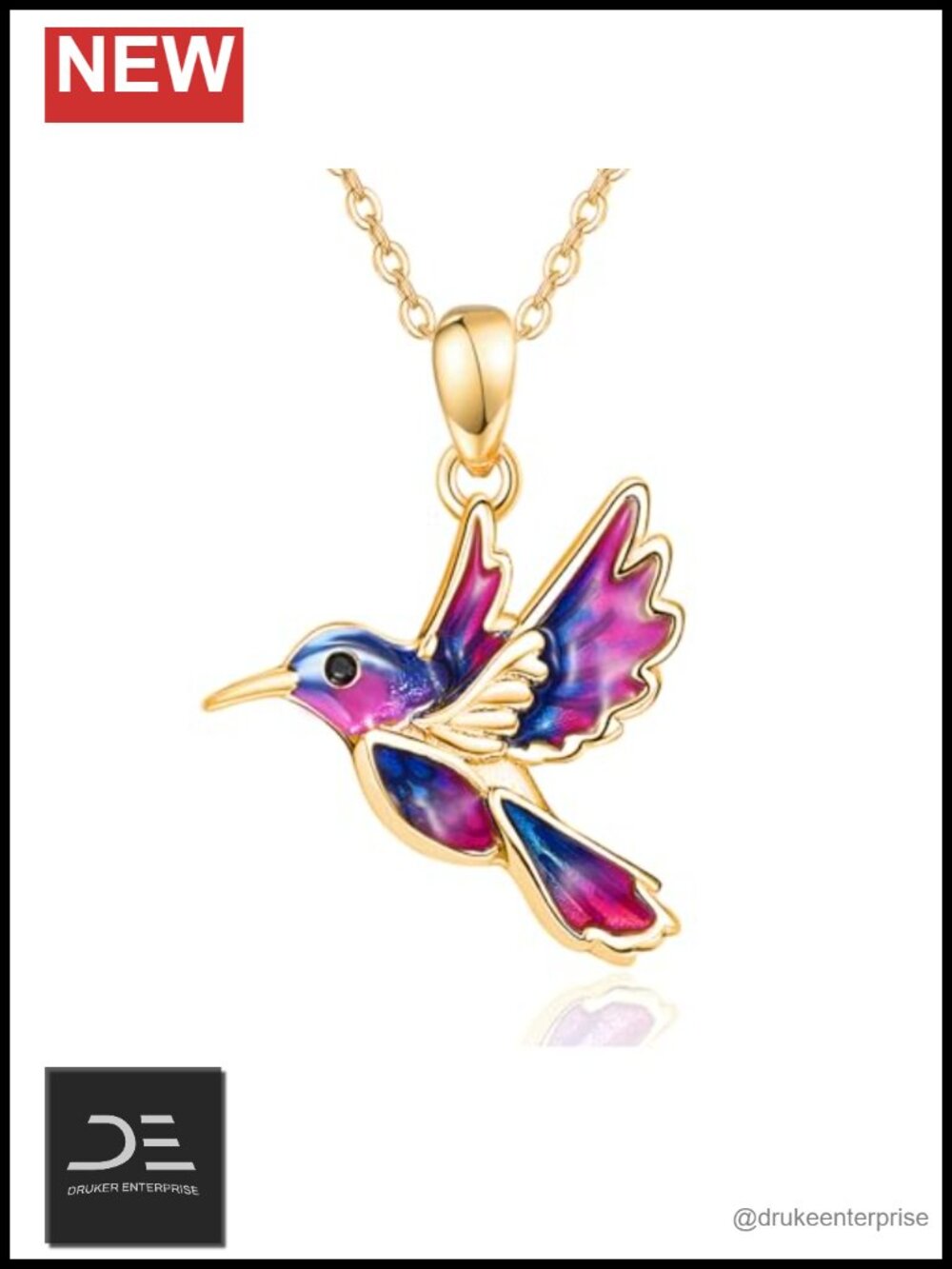 Sterling Silver Hummingbird Pendant Necklace 18k Gold Plated Enamel Bird